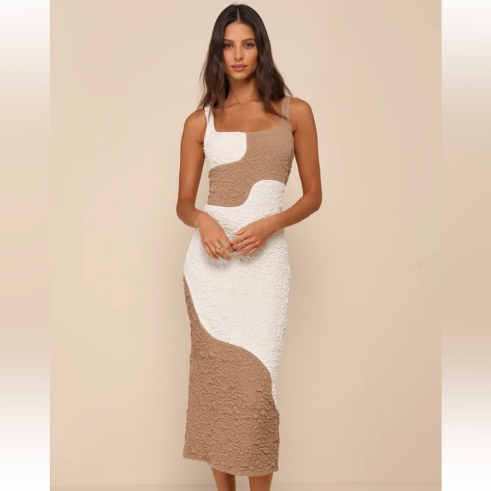 Lulu's Instantly Adored Taupe and Cream Color Block Textured Midi Dress— Size XL